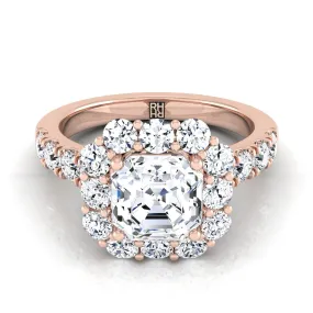 14K Rose Gold Asscher Cut Diamond Luxe Style French Pave Halo Engagement Ring -1-1/10ctw