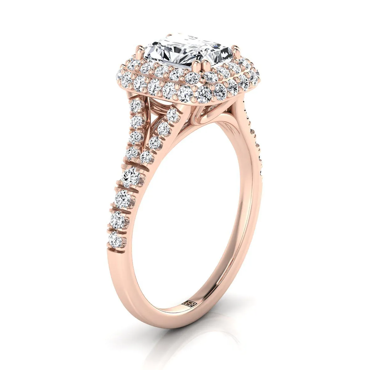 14K Rose Gold Radiant Cut Center Diamond Double Halo Split Shank French Pave Engagement Ring -5/8ctw