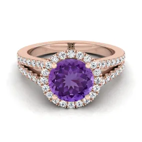 14K Rose Gold Round Brilliant Amethyst Halo Center with French Pave Split Shank Engagement Ring -3/8ctw