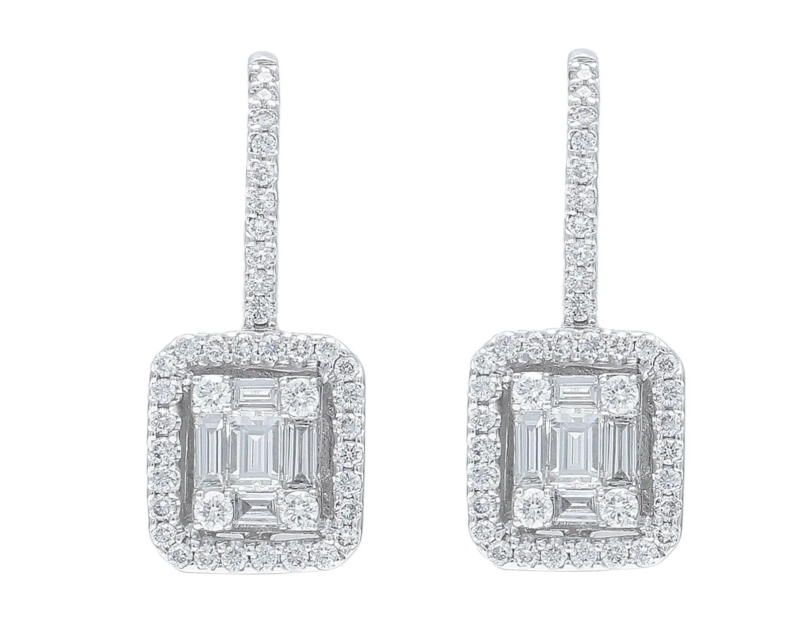 18kt White Gold Baguette & Round Diamond French Clip Earrings