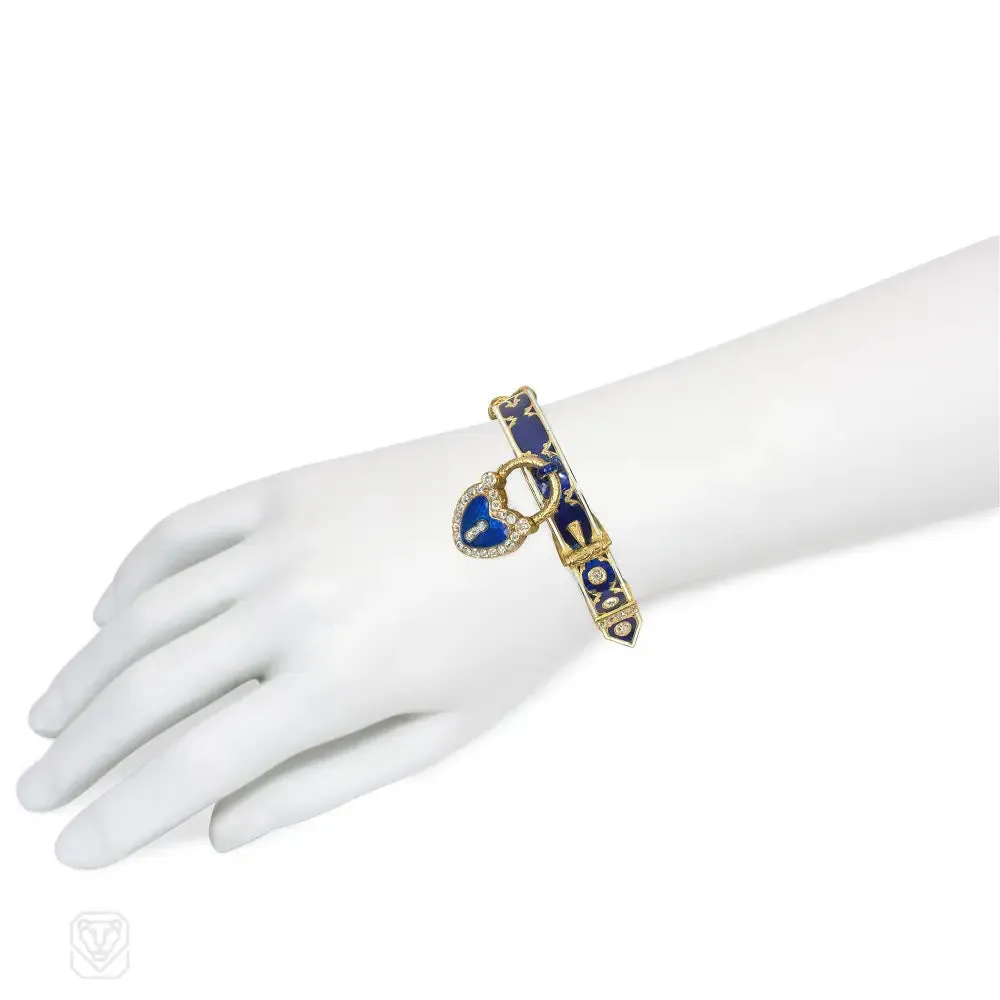 Antique French gold, diamond, and enamel padlock bracelet