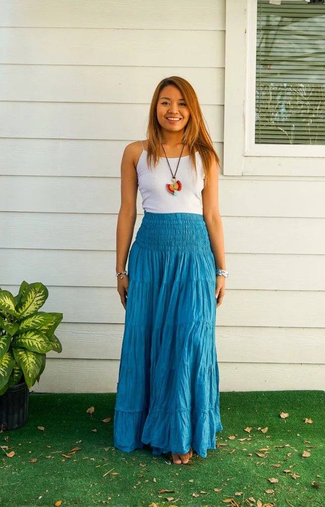 Blue Raw Crinkled Organic Cotton Gauze Tiered Maxi Skirt