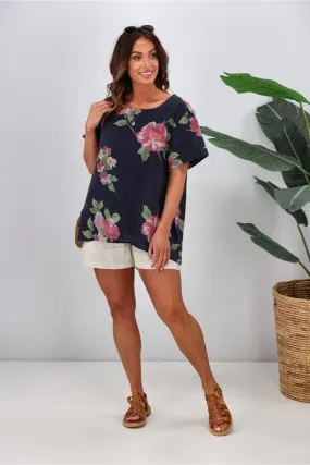 Cali & Co Floral Linen Top Navy