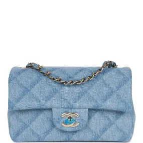 Chanel Mini Rectangular Flap Bag Blue Denim Light Gold Hardware