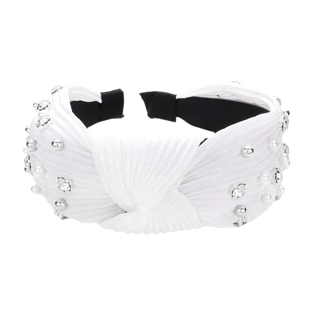 Pearl Metal Ball Round Stone Knot Burnout Pleated Headband