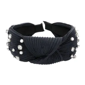 Pearl Metal Ball Round Stone Knot Burnout Pleated Headband