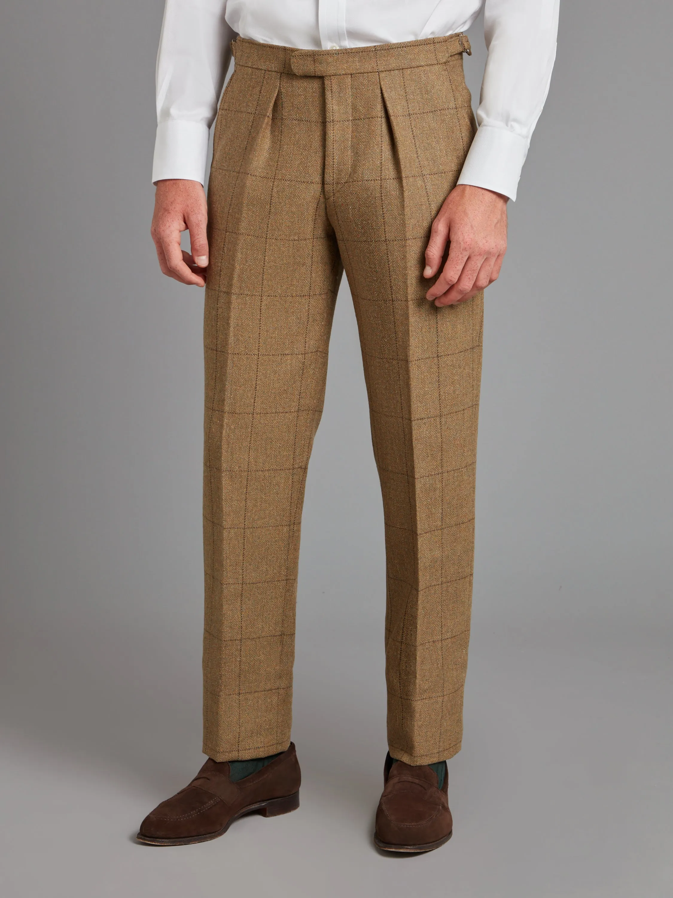 Pleated Pants - Moss Windowpane Tweed