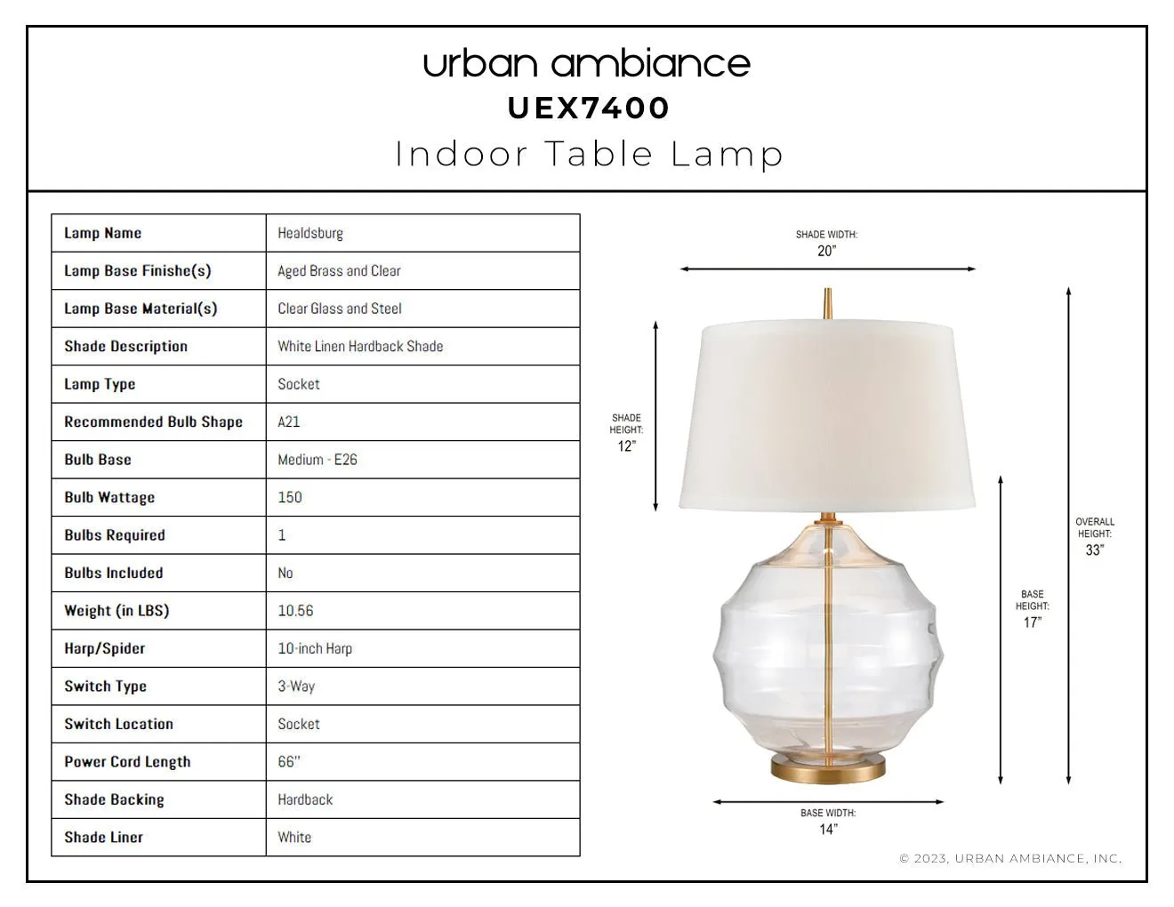 UEX7400 Glam Table Lamp 20''W x 20''D x 33''H, Aged Brass and Clear Finish, Healdsburg Collection