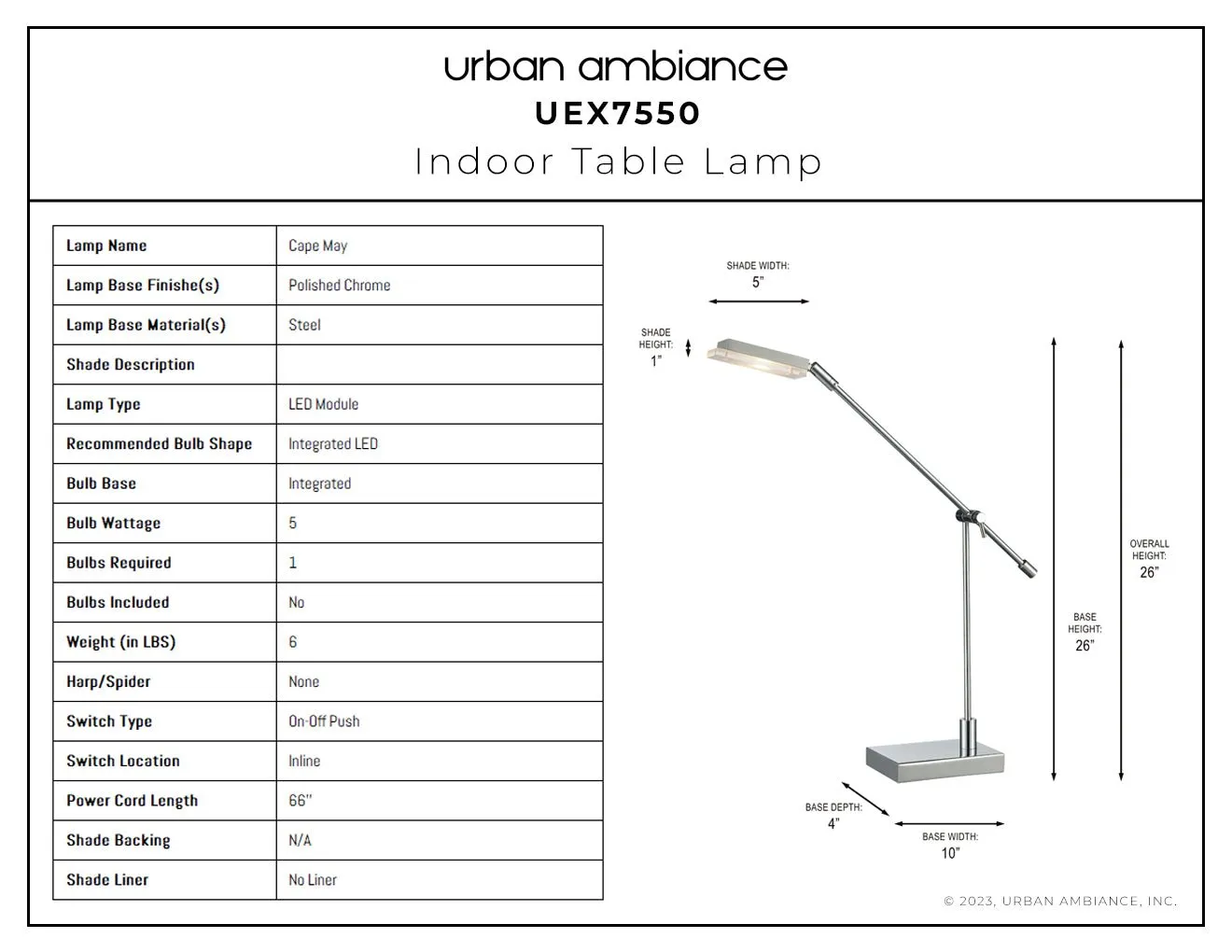 UEX7550 Mid-Century Modern Desk Lamp 10''W x 4''D x 26''H, Polished Chrome Finish, Cape May Collection