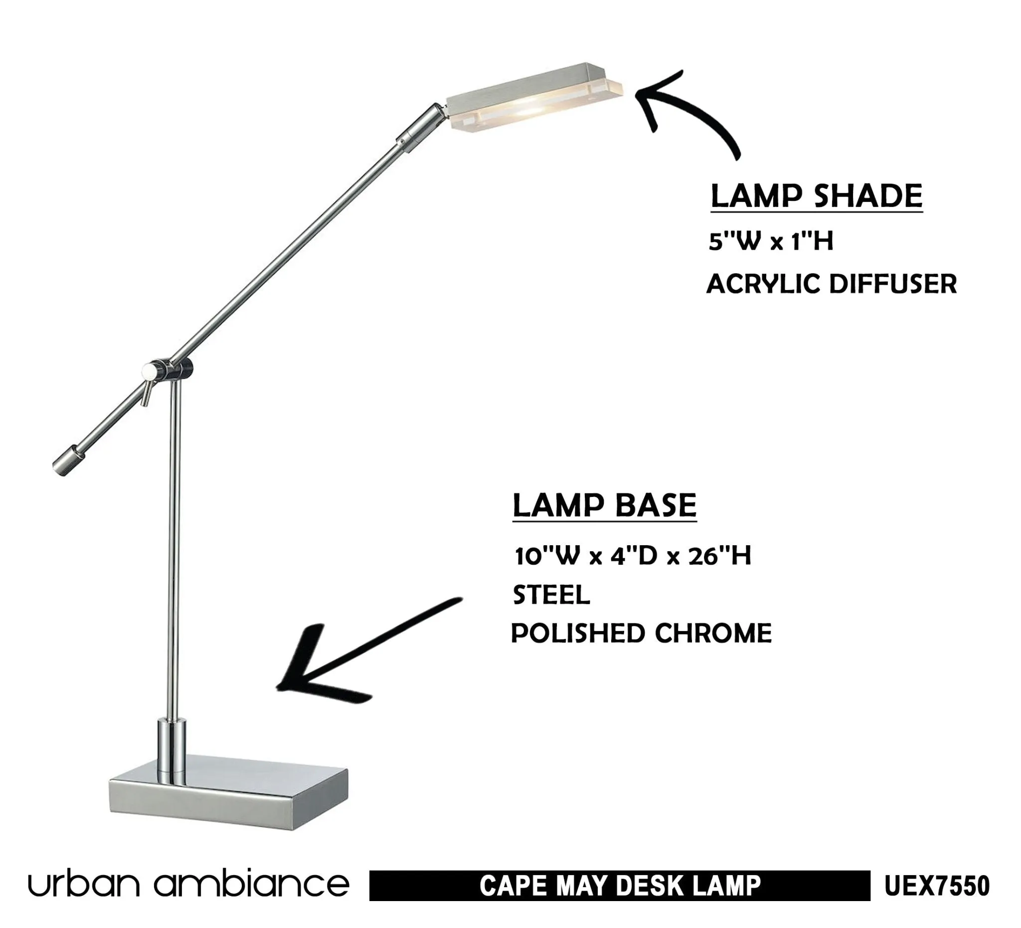 UEX7550 Mid-Century Modern Desk Lamp 10''W x 4''D x 26''H, Polished Chrome Finish, Cape May Collection