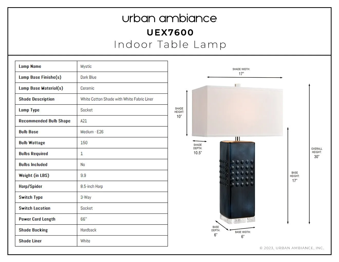 UEX7600 Transitional Table Lamp 17''W x 10.5''D x 30''H, Dark Blue Finish, Mystic Collection