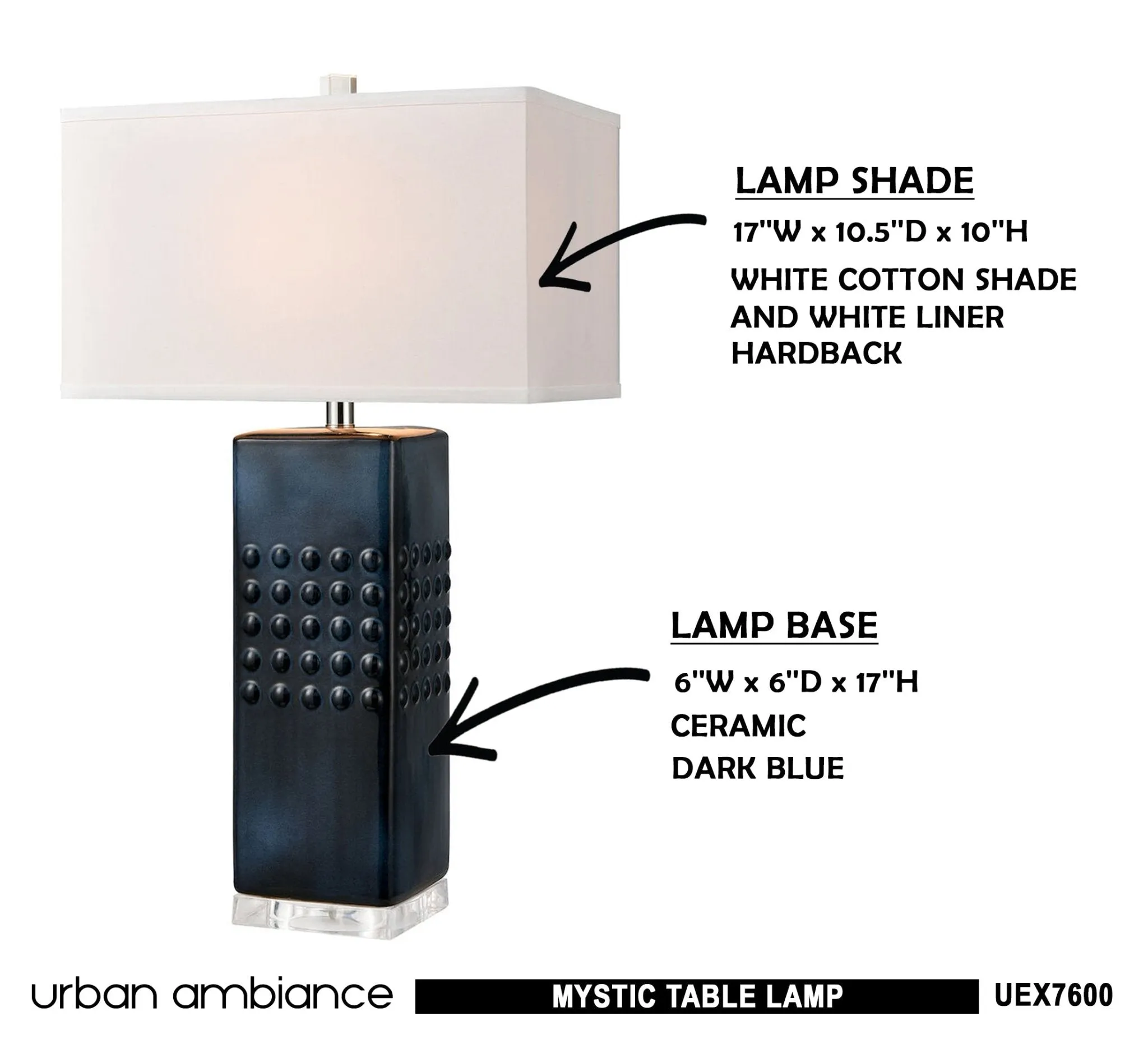 UEX7600 Transitional Table Lamp 17''W x 10.5''D x 30''H, Dark Blue Finish, Mystic Collection