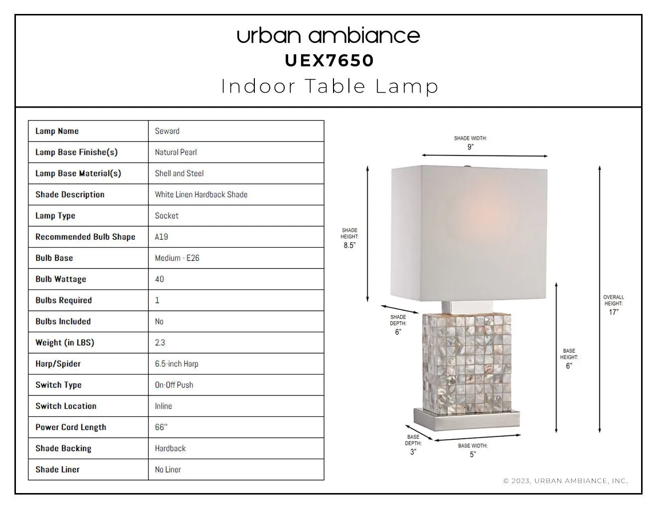 UEX7650 Nautical Table Lamp 9''W x 6''D x 17''H, Natural Pearl Finish, Seward Collection