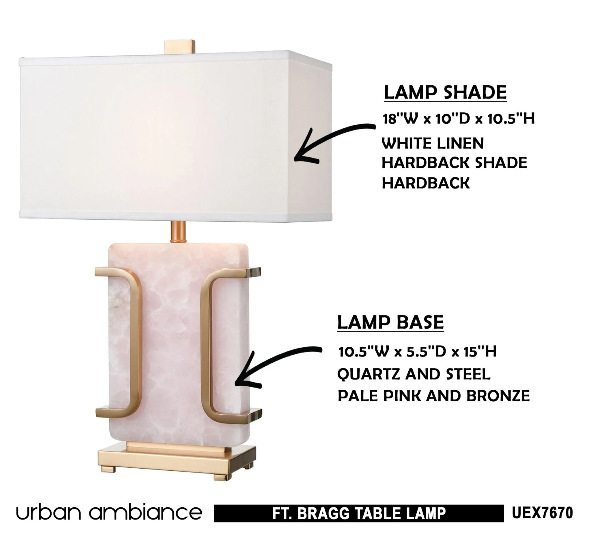 UEX7670 Contemporary Table Lamp 18''W x 10''D x 29''H, Pale Pink and Bronze Finish, Ft. Bragg Collection