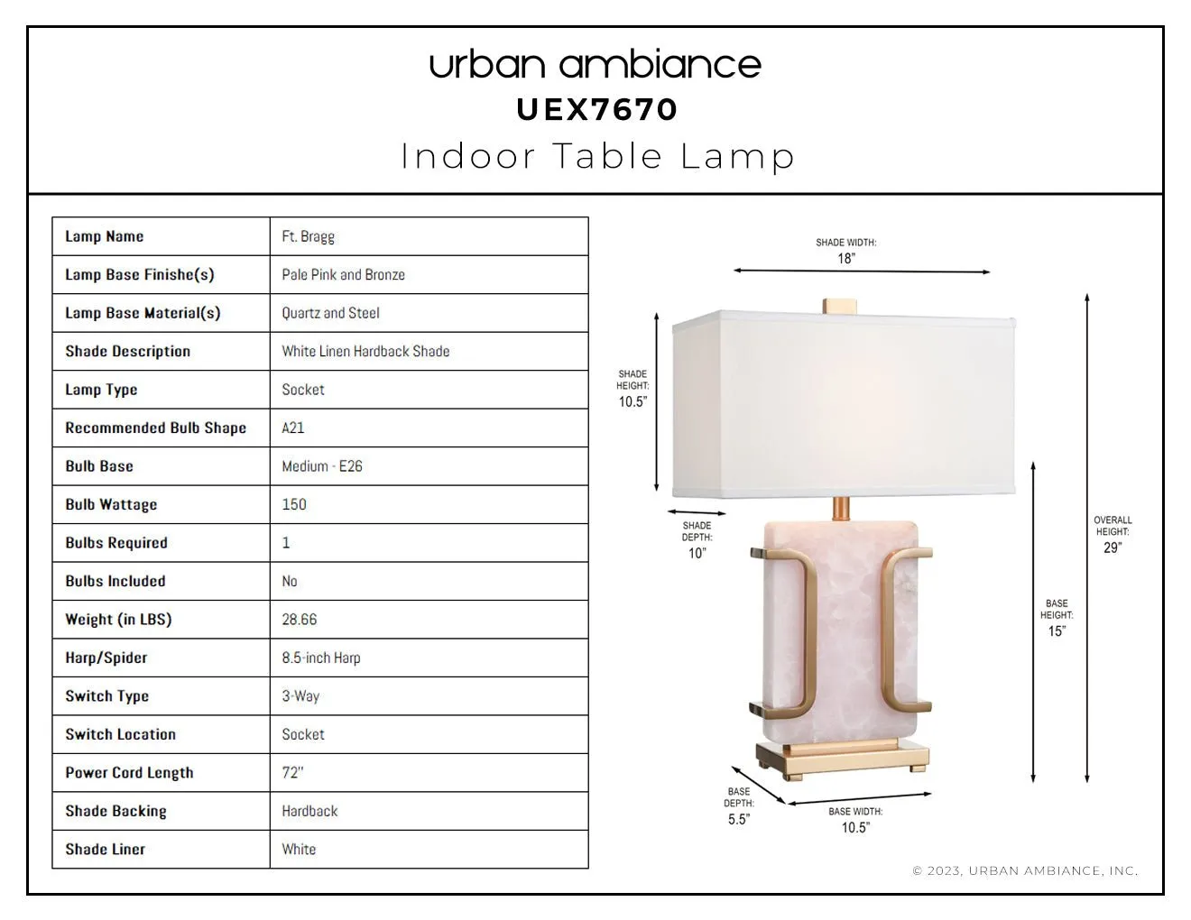 UEX7670 Contemporary Table Lamp 18''W x 10''D x 29''H, Pale Pink and Bronze Finish, Ft. Bragg Collection