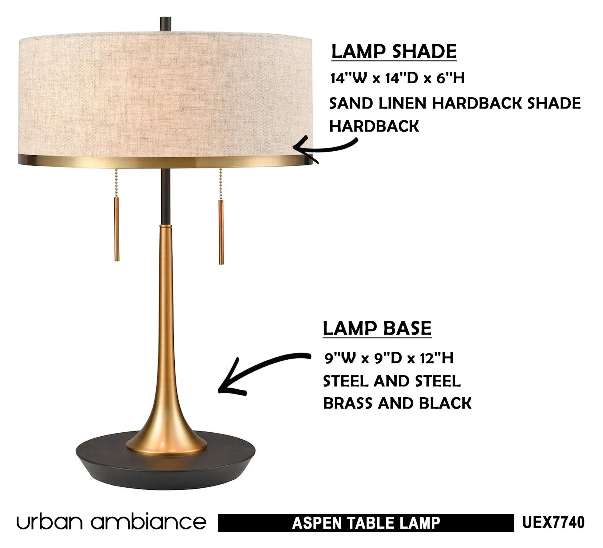 UEX7740 Glam Table Lamp 14''W x 14''D x 22''H, Brass and Black Finish, Aspen Collection