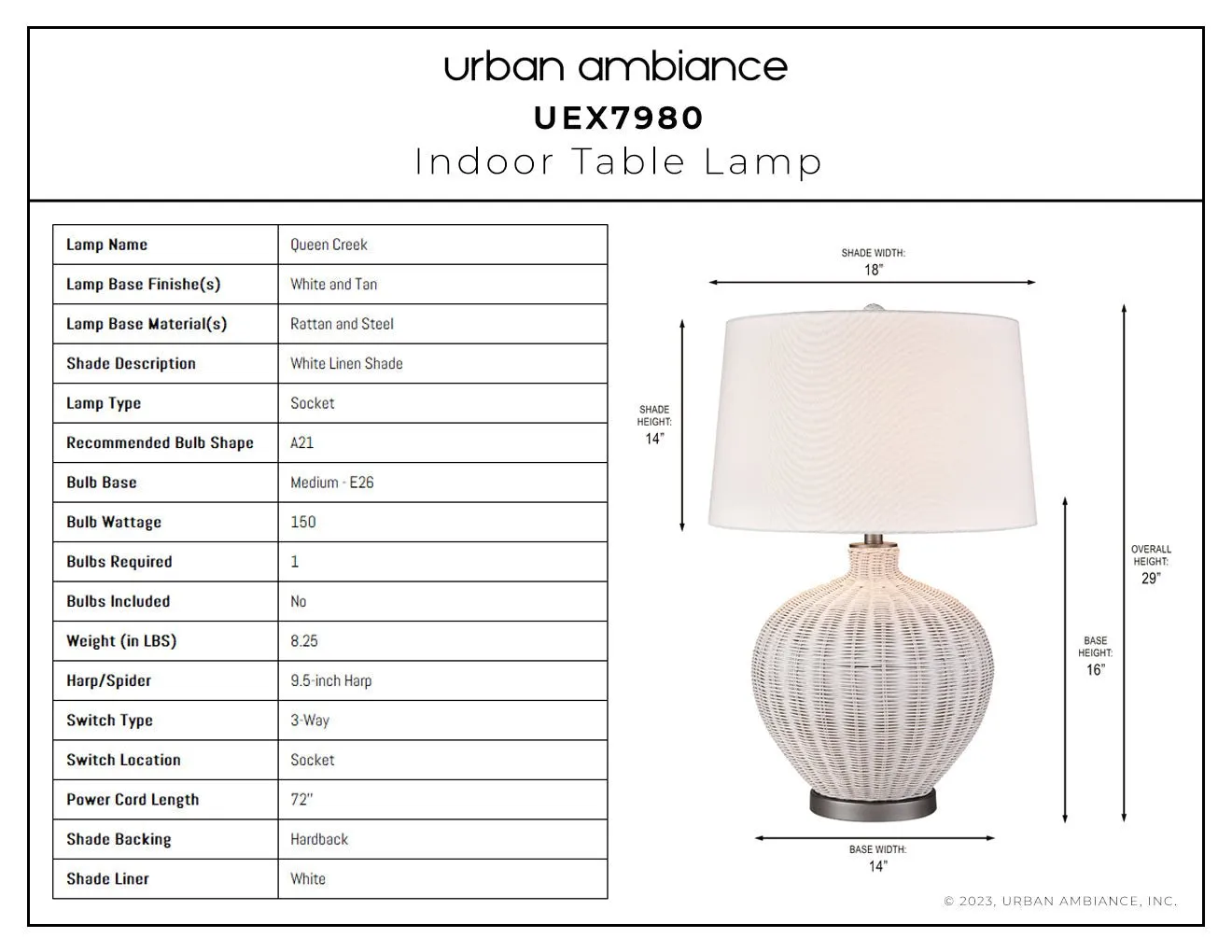 UEX7980 Coastal Table Lamp 18''W x 18''D x 29''H, White and Tan Finish, Queen Creek Collection