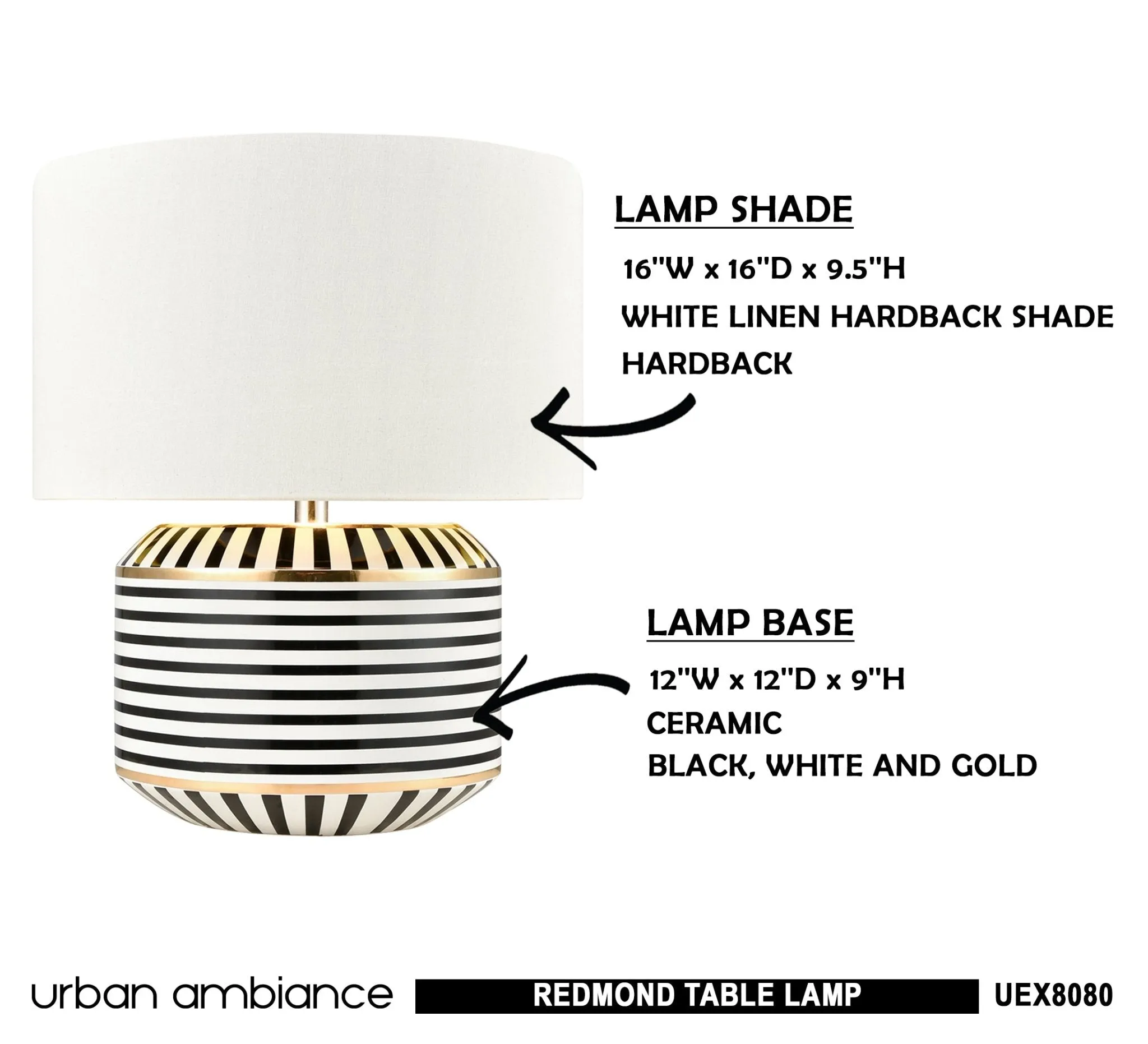 UEX8080 Glam Table Lamp 16''W x 16''D x 20''H, Black, White and Gold Finish, Redmond Collection