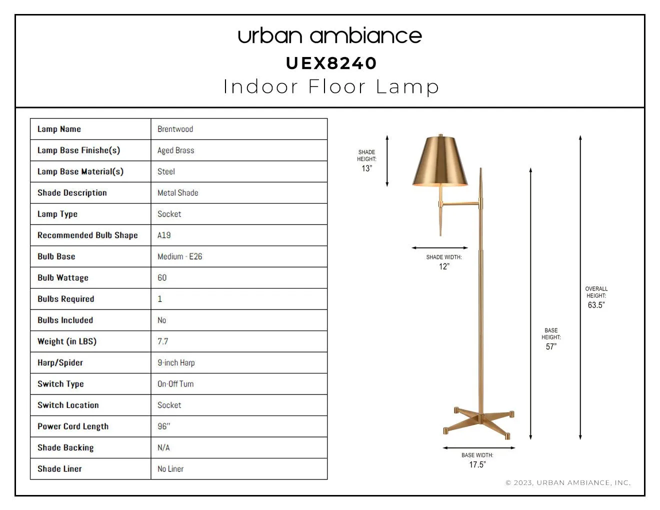 UEX8240 Vintage Floor Lamp 24''W x 14''D x 63.5''H, Aged Brass Finish, Brentwood Collection