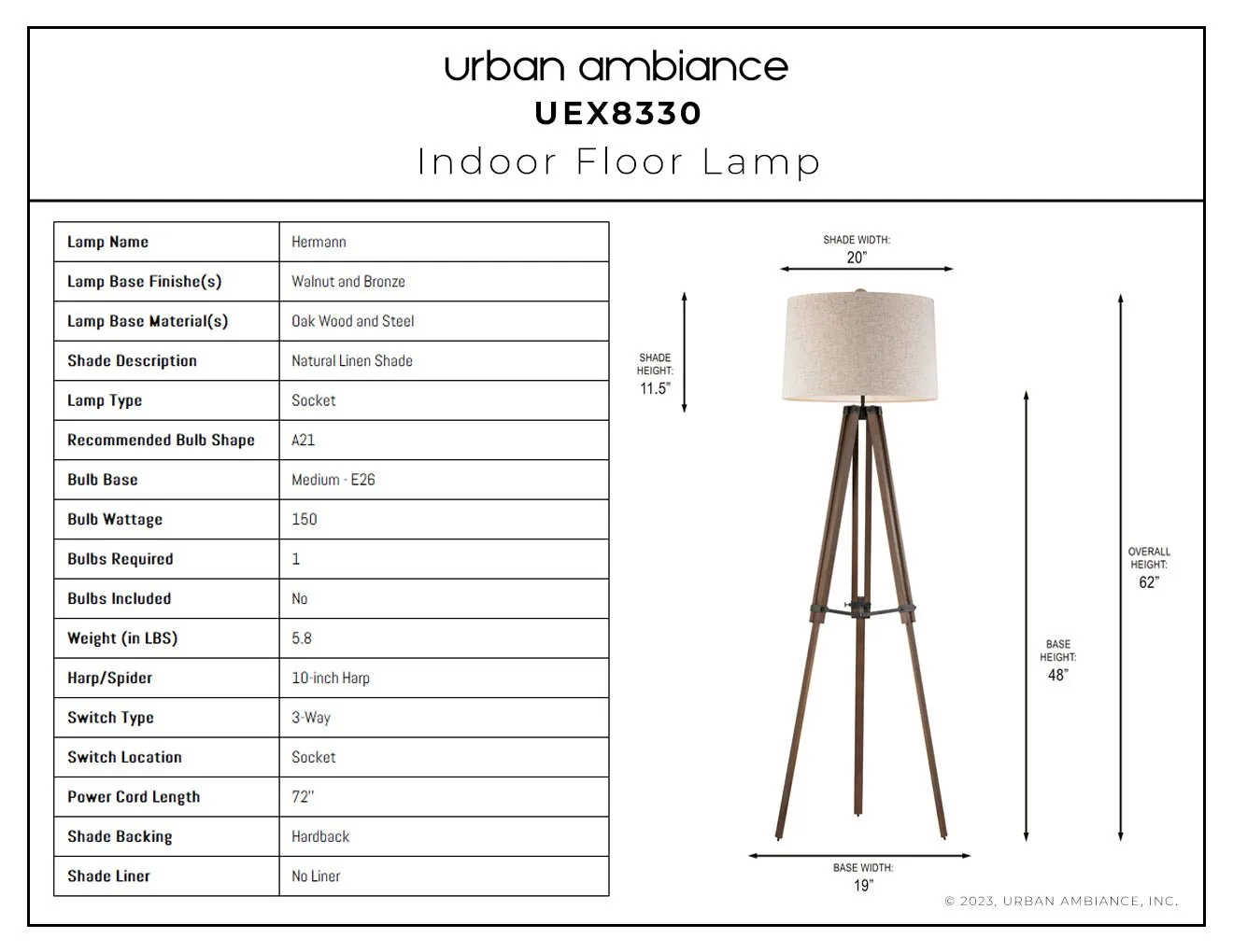 UEX8330 Mid-Century Modern Floor Lamp 19''W x 19''D x 62''H, Walnut and Bronze Finish, Hermann Collection